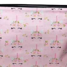 Load image into Gallery viewer, pink unicorn fabric with eyelashes, ears, horn, and flowers

