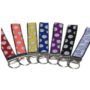 volleyball keychains in red, orange, yellow, blue, purple, black and white