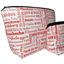 Load image into Gallery viewer, side of wisconsin cities makeup bags with flat bottoms
