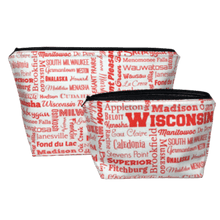 Load image into Gallery viewer, makeup bag set with names of wisconsin cities in red on white background
