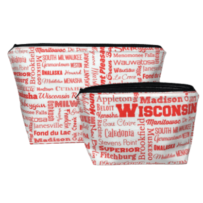 makeup bag set with names of wisconsin cities in red on white background