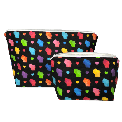 set of two makeup bags with colorful hearts and state of Wisconsin images and black background