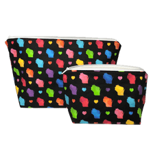 Load image into Gallery viewer, set of two makeup bags with colorful hearts and state of Wisconsin images and black background
