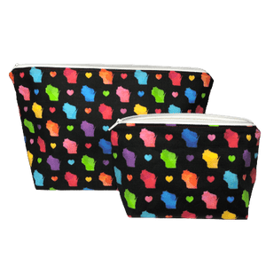 set of two makeup bags with colorful hearts and state of Wisconsin images and black background