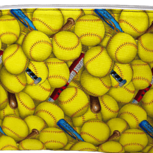 Load image into Gallery viewer, fabric with yellow softballs and bats in blue, red and brown
