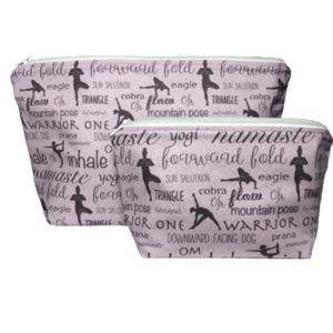 lilac yoga themed set of zippered bags with yoga words and images across fabric
